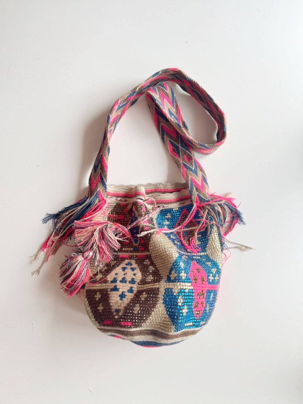 SANTIFICADA Wayuu Begonia Crystal Crochet Woven Tasseled Crossbody Mochila Bag